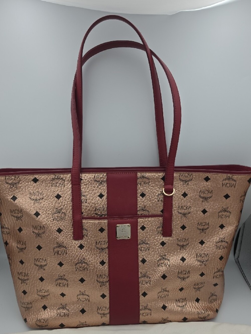 MCM Rose Gold Metallic Vietos Burgundy Stripe Gold Hardware Large Tote (EUC)✨️ - Picture 2 of 15